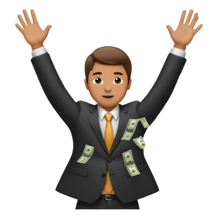 (man standing there with his hands up as money falls on him) sticker