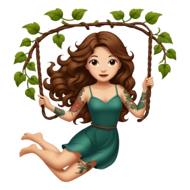 ccute woman long wavy brown hair tattoos swinging on vine sticker
