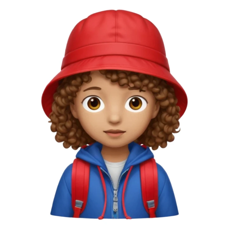 Little student brown curly hair, wears red bucket hat and jacket, backpack, shy sticker