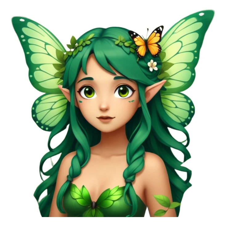 Cinematic Realistic Forest Fairy Portrait, head tilted playfully and inquisitively, showcasing a nature-inspired form with intricately detailed, sunlit tanned skin and cascading dark green hair interlaced with leaves and blossoms showing her large butterfly wings from her back. Her bright, curious eyes sparkle with forest mischief, rendered with lifelike clarity and warm, dappled lighting that captures the spirit of an enchanting woodland fairy ready to dance among the trees. sticker