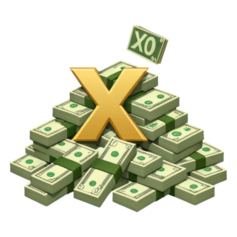cash pile, make bills rectangular, next to a "10x" factor, looking like 10x CASH PILE, the number 10 and letter x, precede the cash pile sticker