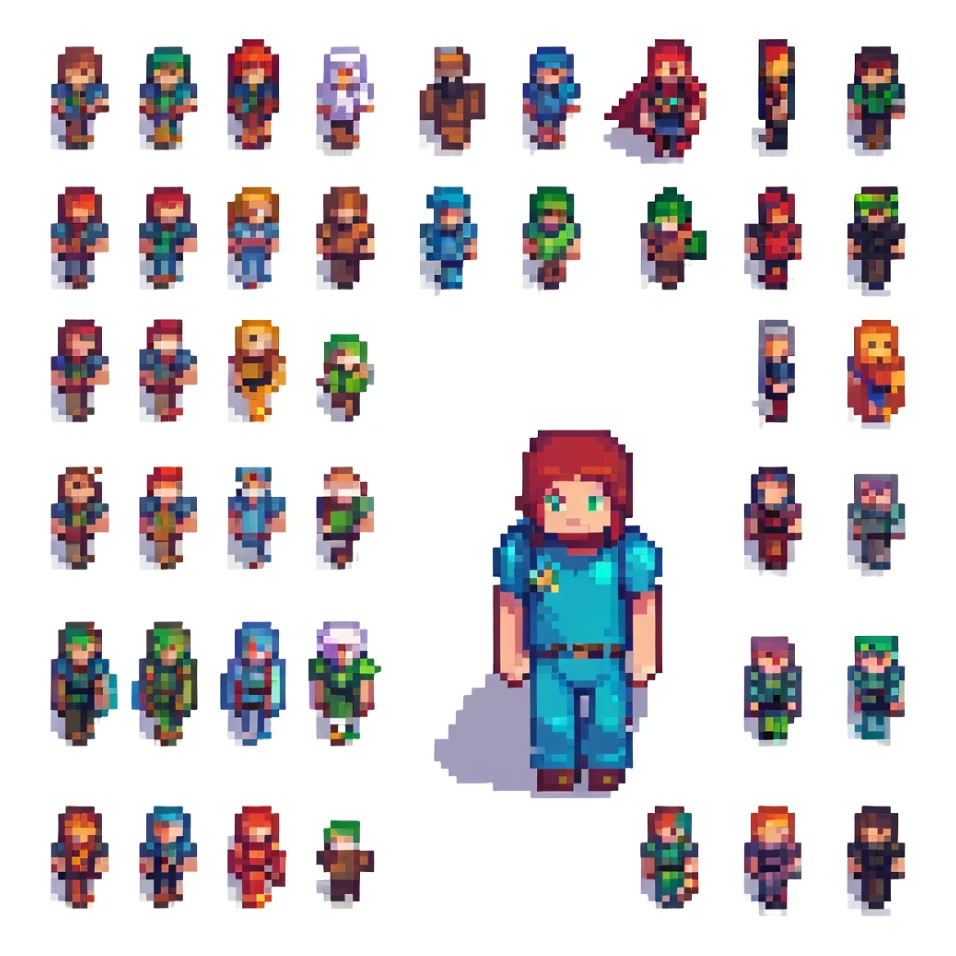 Combine both extracted Minecraft characters side by side, preserving their original pixel art style, colors, and transparent background. sticker