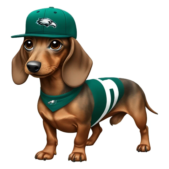 Miniature Brindle Dachshund wearing Philadelphia Eagles Hat with C on Jersey sticker