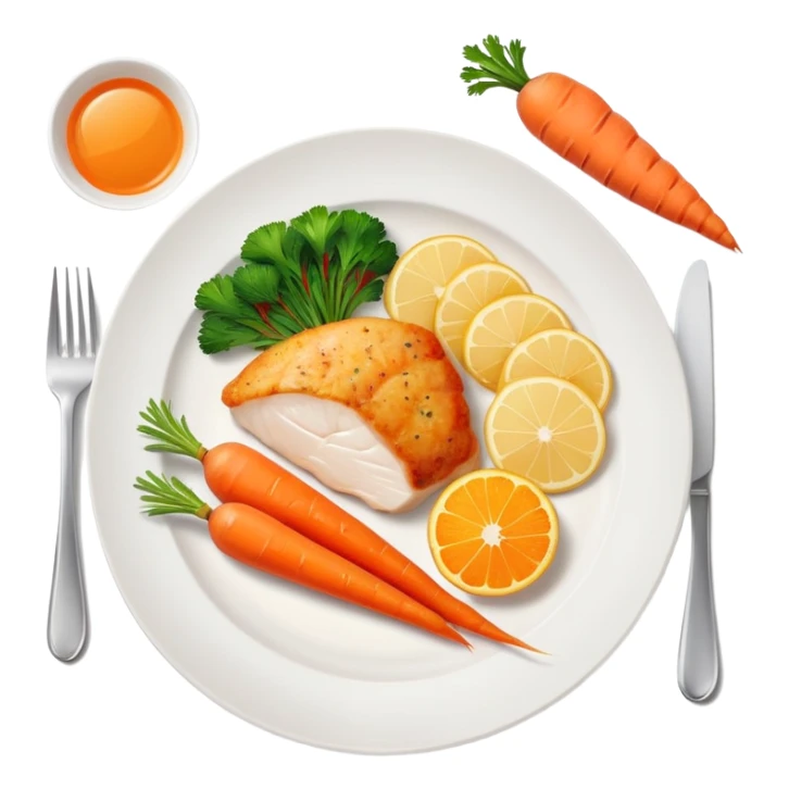 A plate with chicken, fish fillet, and bright orange carrots, with vitamin A nutrition labels sticker