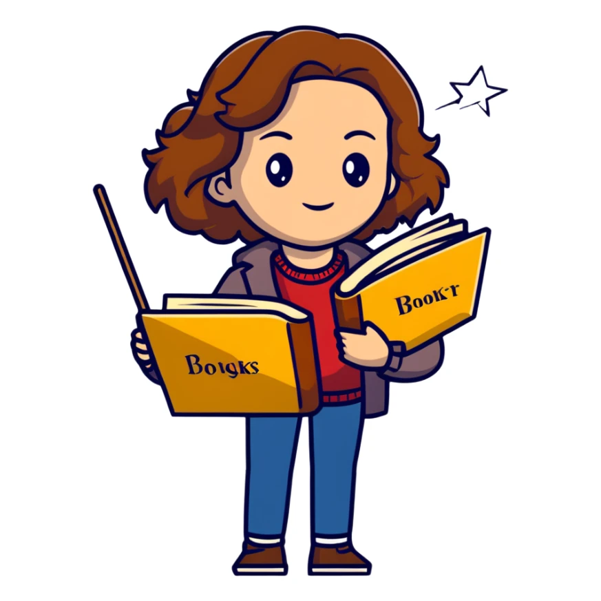 Hermione Granger with stack of books and wand sticker