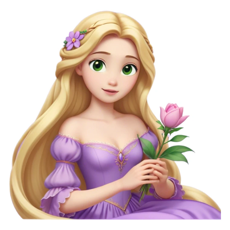 Cinematic Realistic Rapunzel Portrait, with porcelain-like skin featuring a subtle, natural glow, illuminated by soft lighting that brings out the gentle contours of her face. Her long, golden blonde hair cascades in detailed waves, each strand highlighted with a radiant shimmer as it catches the light. She playfully holds a flower in one hand, her other hand resting casually in her lap, with a warm and spirited expression. Her bright, expressive green eyes exude curiosity and warmth, framed by delicate lashes and soft, arched brows. She is dressed in her classic lavender and pink gown, the fabric textured with delicate folds that flow naturally, catching the light with a soft, radiant glow. The portrait captures a luminous, enchanting aura, seamlessly blending realism with a whimsical, fairytale charm, evoking a timeless sense of beauty and magic. sticker