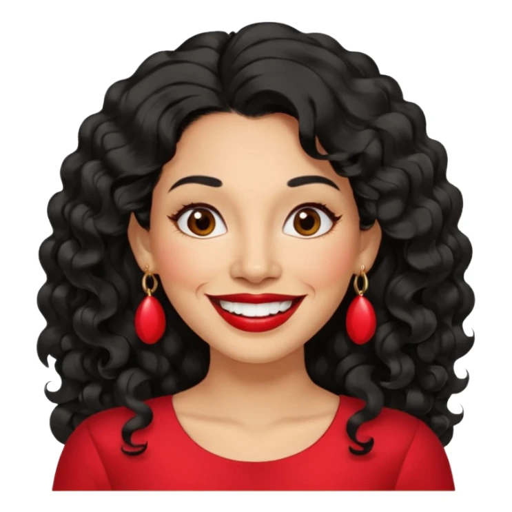 40 yr old peruvian woman, wavy/curly long black hair, red lipstick, big smile, white teeth, brown eyes, hoop earings, side part to hair, round face sticker