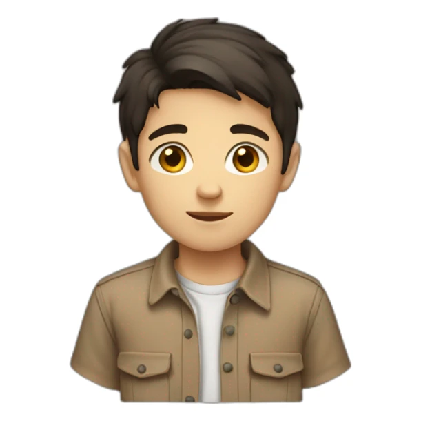 short dark hair white young boy in brown button up shirt with a tshirt under sticker