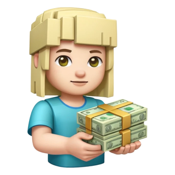 emoji style icon, minecraft blocky character holding a stack of money, pixel art style, bright colors, simple background, 3D glossy emoji, centered composition, soft shadow, high detail, clean outline, white background sticker