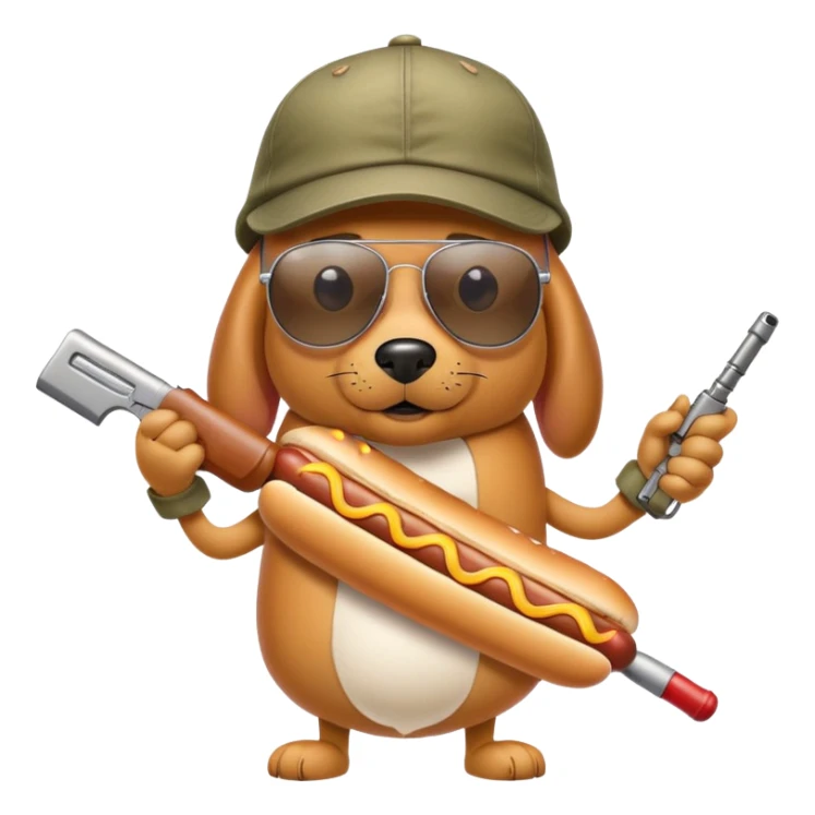 un hot dog con gorra y lentes de sol ray ban aviator con armas sticker