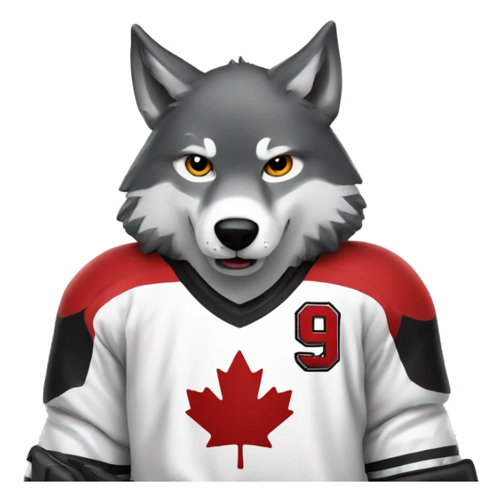 A wolf plays hockey in a black and white red uniform with a wolf emblem on his chest sticker