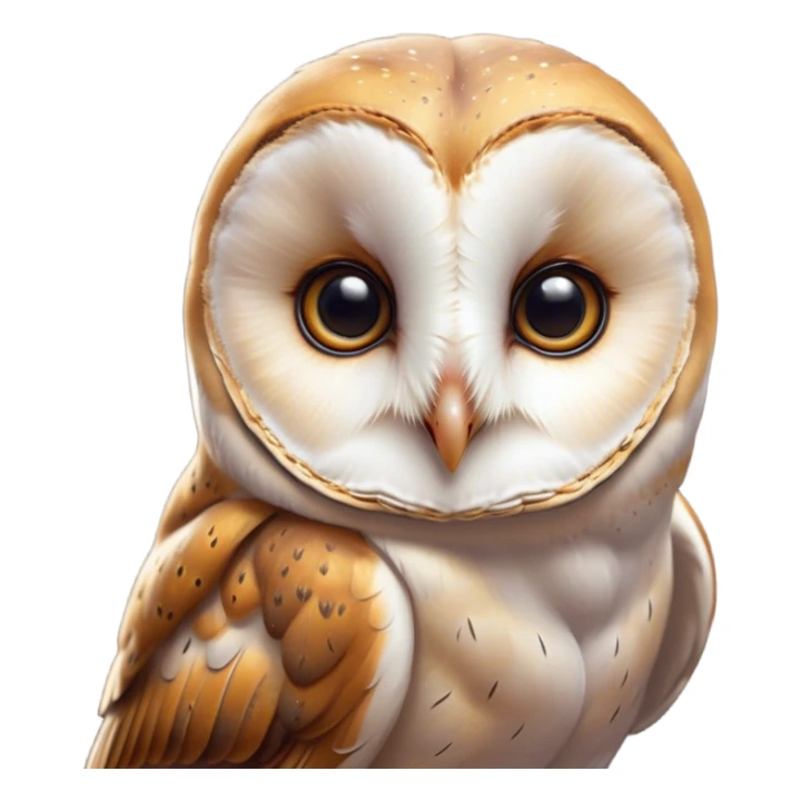Cinematic Cute Barn Owl Portrait Emoji, Head tilted playfully and inquisitively, featuring a softly mottled Fur of white and brown with delicate feather patterns, round, sparkling amber eyes filled with curious wonder, Simplified yet irresistibly adorable features, highly detailed, glowing with a warm, friendly glow, high shine, affectionate and gentle, stylized with a touch of barnyard whimsy, bright and endearing, soft glowing outline, capturing the essence of a mischievous yet loving owl, so playful it feels like it could swoop out of the screen and into your arms! sticker
