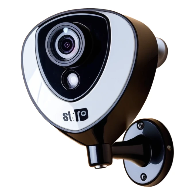 sleek security IP camera with glossy finish and modern lens mounted on wooden wall sticker
