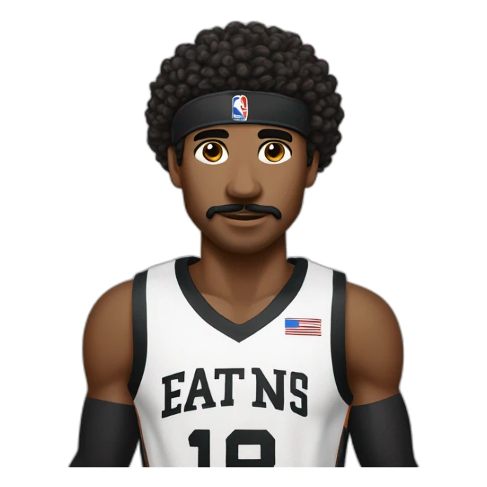 black basketball player with moustache holding the notebook wearing black and white jersey curly hair and black headband sticker