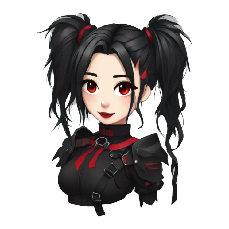 Gorgeous gothic dark techwear anime style lady with blushing face aesthetic and pretty edgy black red punk messy ponytail hair with collar and harness trending style sticker
