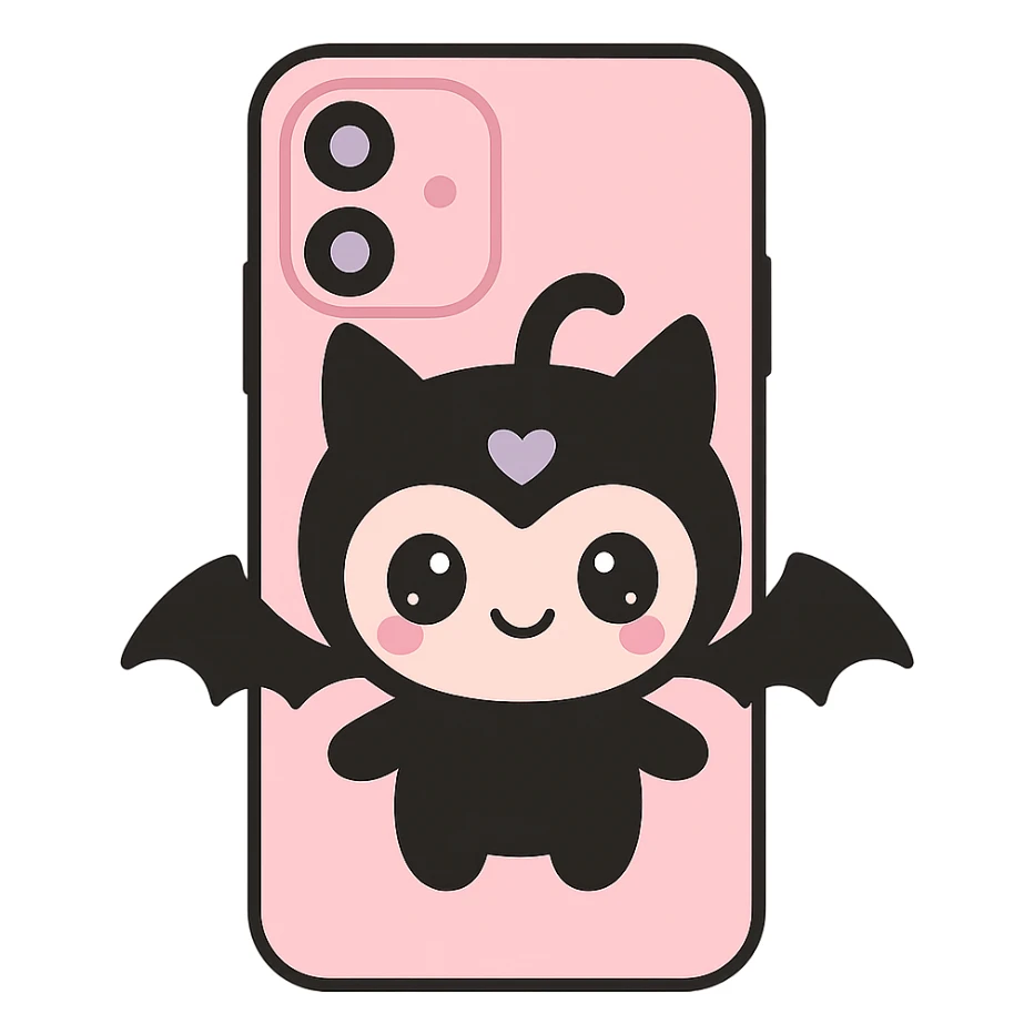 Remove any purse or purse-matching elements. Focus only on a pink and black gothic phone case in kawaii style with big eyes, bat wings, smiling, cartoonish, playful. No purse references. No background. sticker