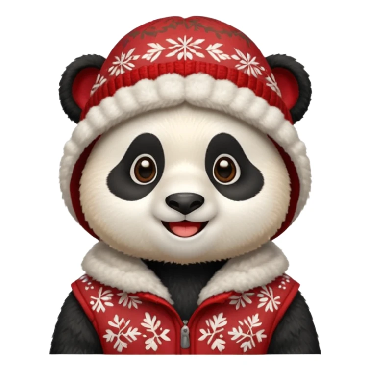 Photorealistic close-up of a cute, smiling panda wearing a red patterned winter trapper hat. Happy expression, cheerful vibe. Simple studio background. Detailed textures, sharp focus sticker