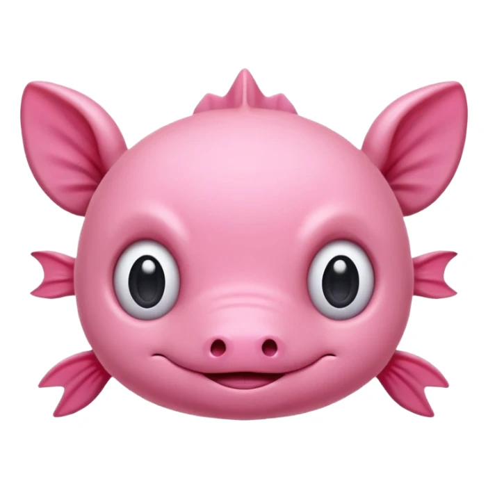 Cartoon pink axolotl face emoji, front view, flat wide head, external gills on both sides, big round eyes, small mouth, no snout, vector style, flat colors, transparent background. sticker