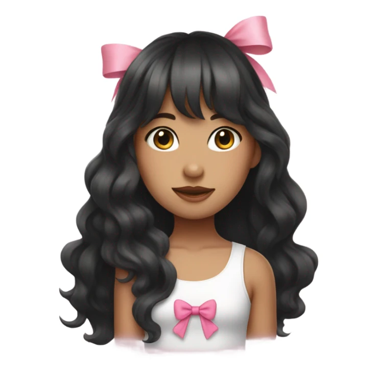 plae girl with long black wavy hair and front Korean bangs white tank top and pink bow on her hair sticker