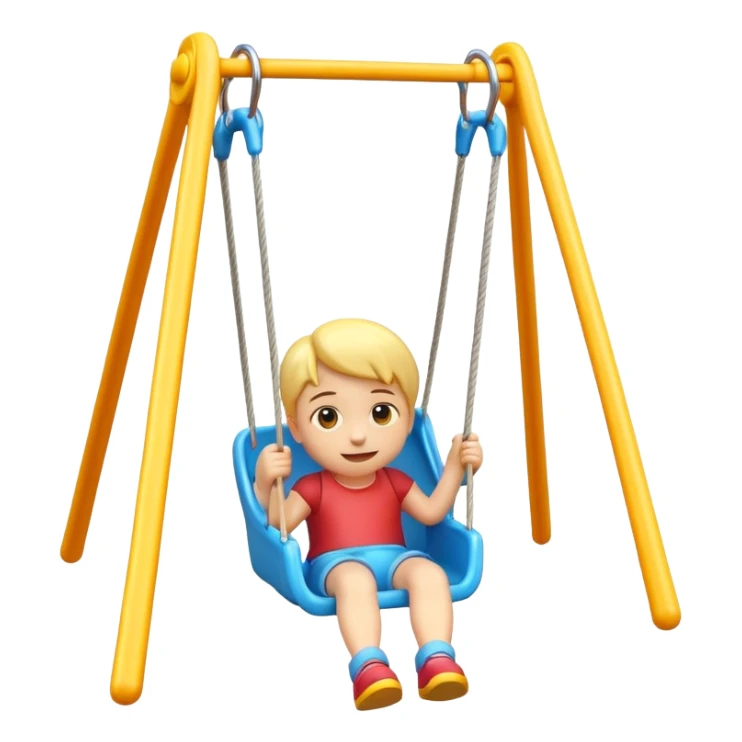 iOS-style 3D emoji: a colorful plastic child swing with a safety bar in front, hanging from two ropes, glossy surface and soft shadows sticker