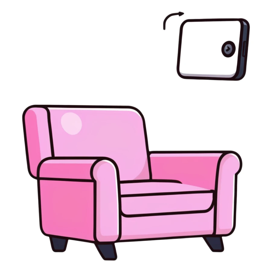 angled smartphone with a large, visible armchair image on its screen, product detail view, with sparkle emoji on the left side sticker