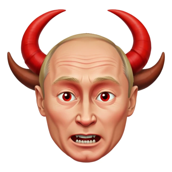 face of Vladimir Putin as a devil with red skin, horns, mischievous expression sticker