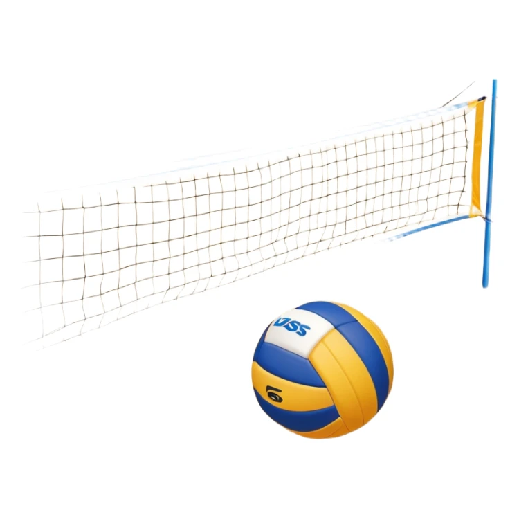 A close-up volleyball net with a ball hovering above it, set against the backdrop of a sandy volleyball court. The scene highlights the tension of an impending play, with the court lines clearly visible and a bright, sunny atmosphere surrounding the action. sticker