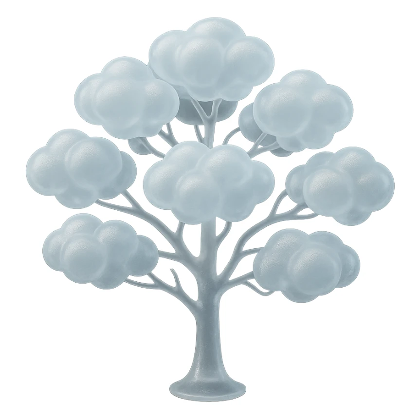 one tree with many branches and a white trunk, crown made of small very bright white fluffy convex clouds, matte glass style sticker