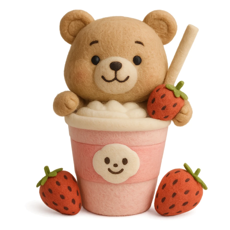 Remove the cherry blossom flowers, keep the pastel 3D iOS style milkshake cup with a straw, smiling bear peeking out, two strawberries, soft shadows, minimal look, with no background. sticker