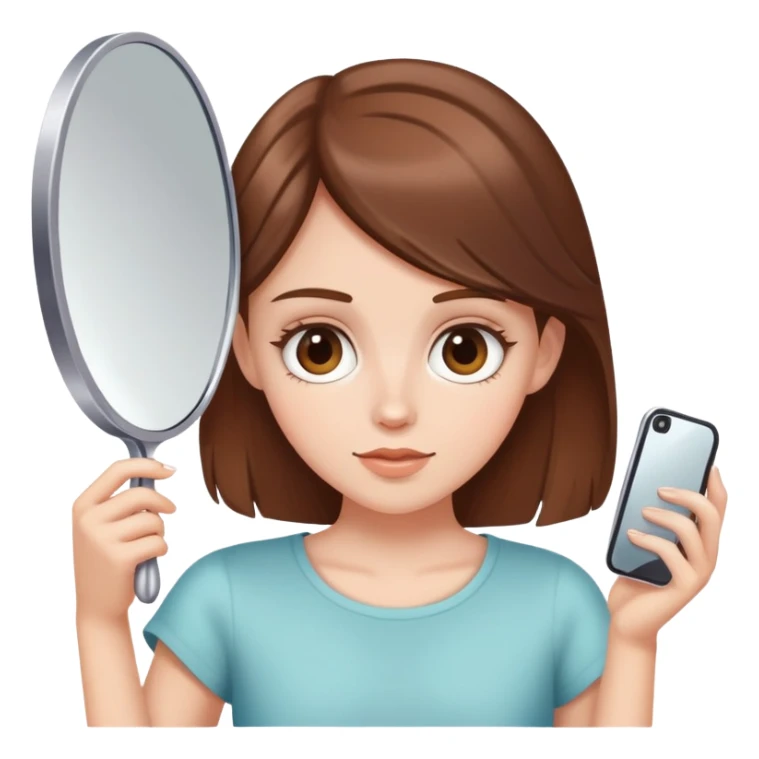 White girl with brown hair looking in a handheld mirror sticker
