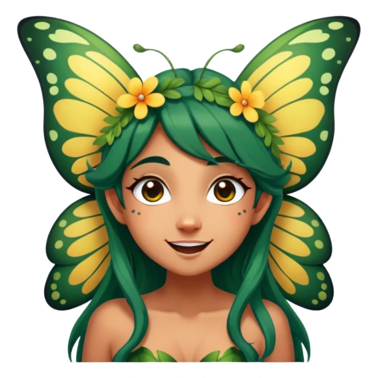 Cinematic Realistic Forest Fairy Portrait, head tilted dramatically with an exaggeratedly amused expression, featuring a striking, nature-infused form with glowing, sun-kissed tanned skin and vividly detailed dark green hair adorned with floral accents. Her expressive eyes brim with playful forest mischief, rendered with vibrant, lifelike textures and dynamic dappled lighting that conveys a spirited, over‐the‐top woodland whimsy showing her large butterfly wings from her back. sticker