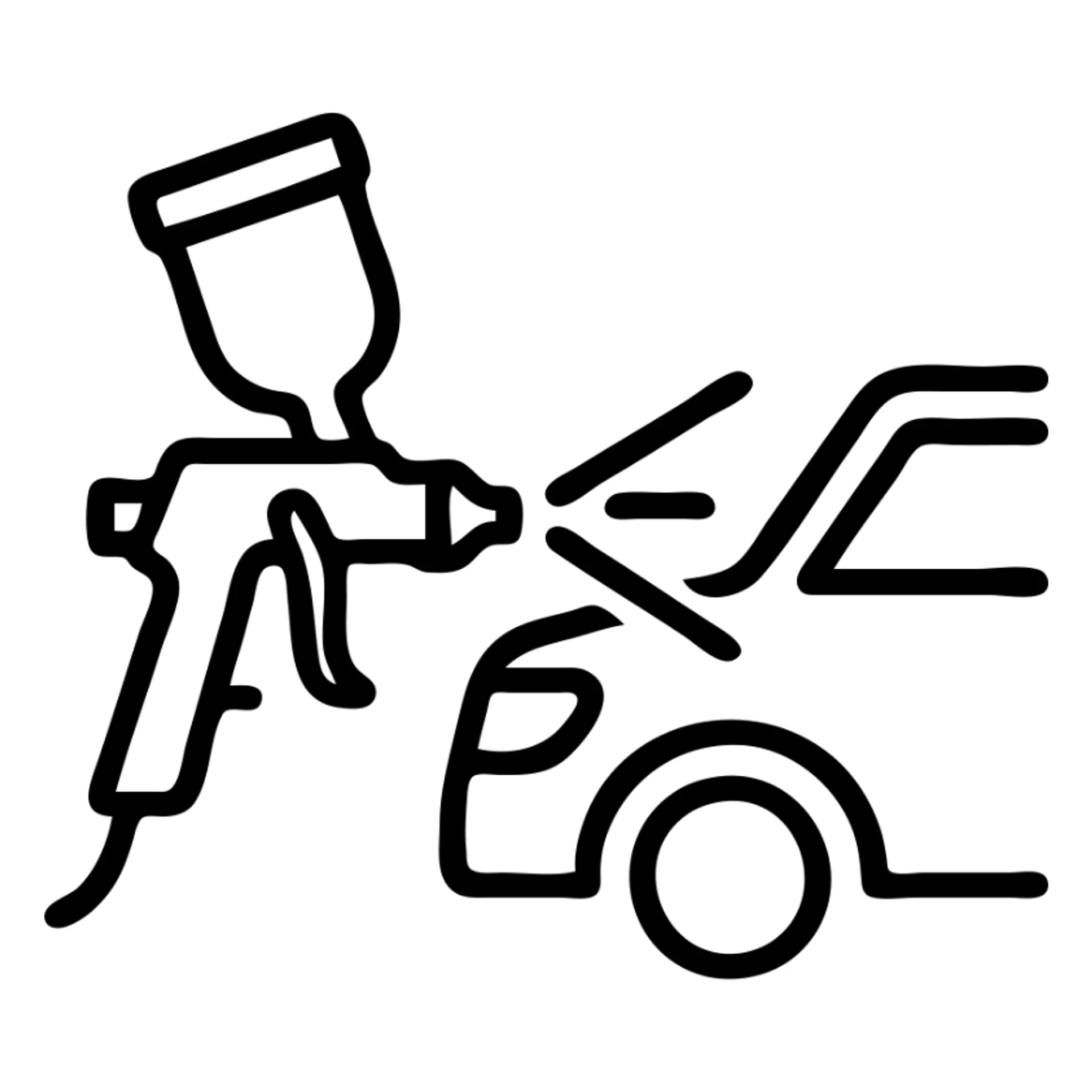 outlined icon of a paint spray gun pointing at a car section, clean lines, glossy black paint spraying out, silver details, modern and simple sticker