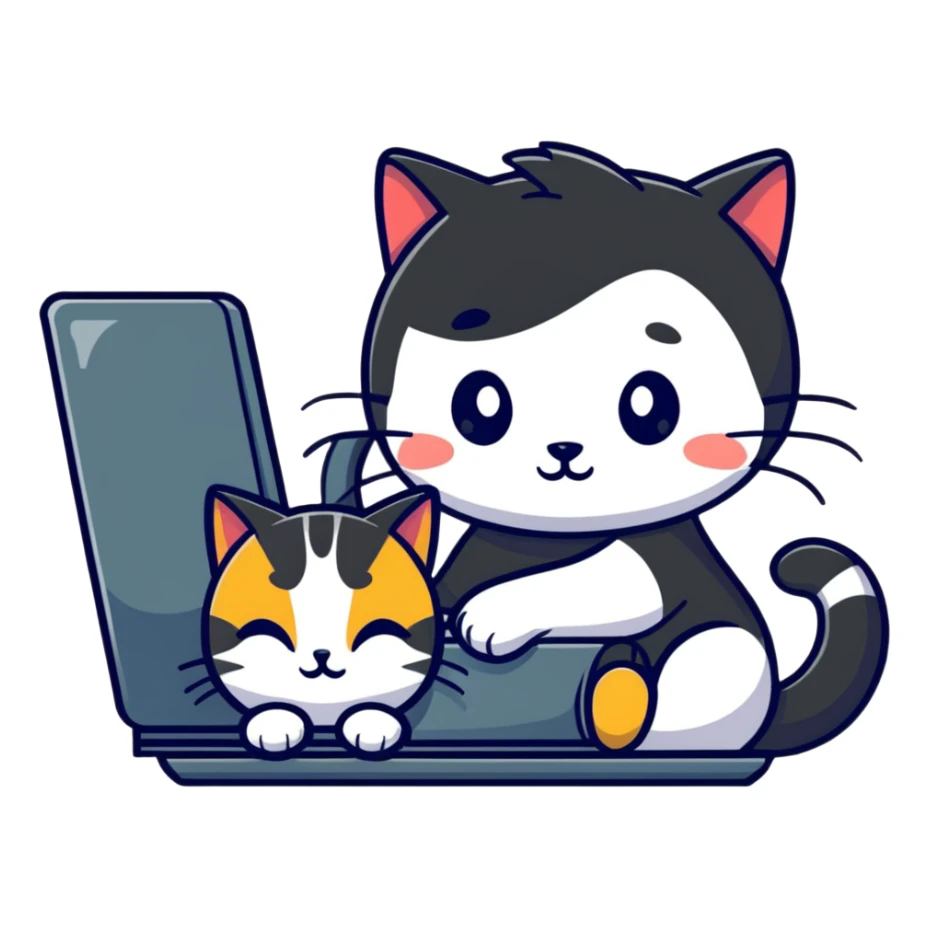 a girl working at a computer with a cat curled up next to the computer sticker