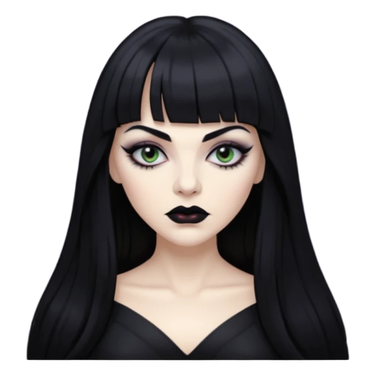 vampira mulher branca com cabelo preto longo com franja acima da sobrancelha e lábios com batom preto sticker