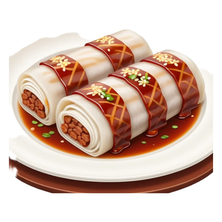 BBQ pork rice noodle roll Char Siu Cheung Fun with reddish meat filling, simplified emoji style with bold outlines and bright colors, cartoon style Guangdong breakfast favorite sticker
