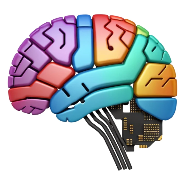 stylized brain emoji that looks like it is made from computer circuitry, with microchips and electronic traces sticker
