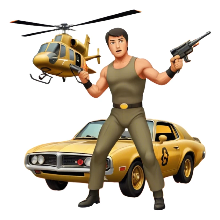 Icon for Action Movie: A vintage movie poster-style design featuring intense action scenes with explosions, weapons, and dramatic poses of Stallone. Include cars and helicopters flying out of flames in the background. Bold typography and retro cinematic style. Transparent background. sticker