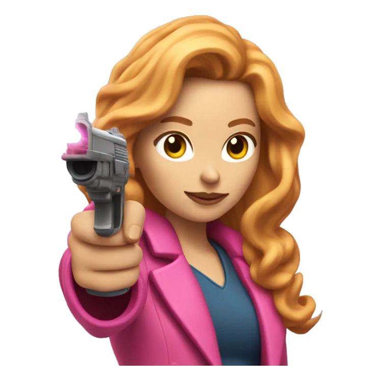 Woman with long reddish blonde hair and fluffy pink coat pointing a laser gun sticker