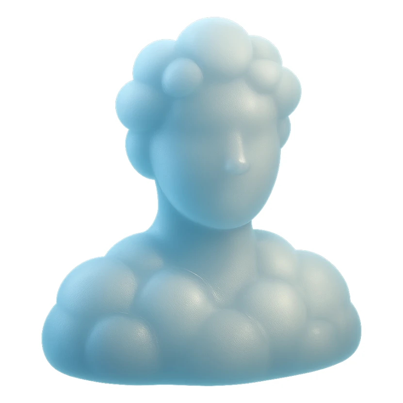 person looking straight, made entirely of white fluffy convex clouds, shoulder up, matte glass style, clouds with light blue glow sticker
