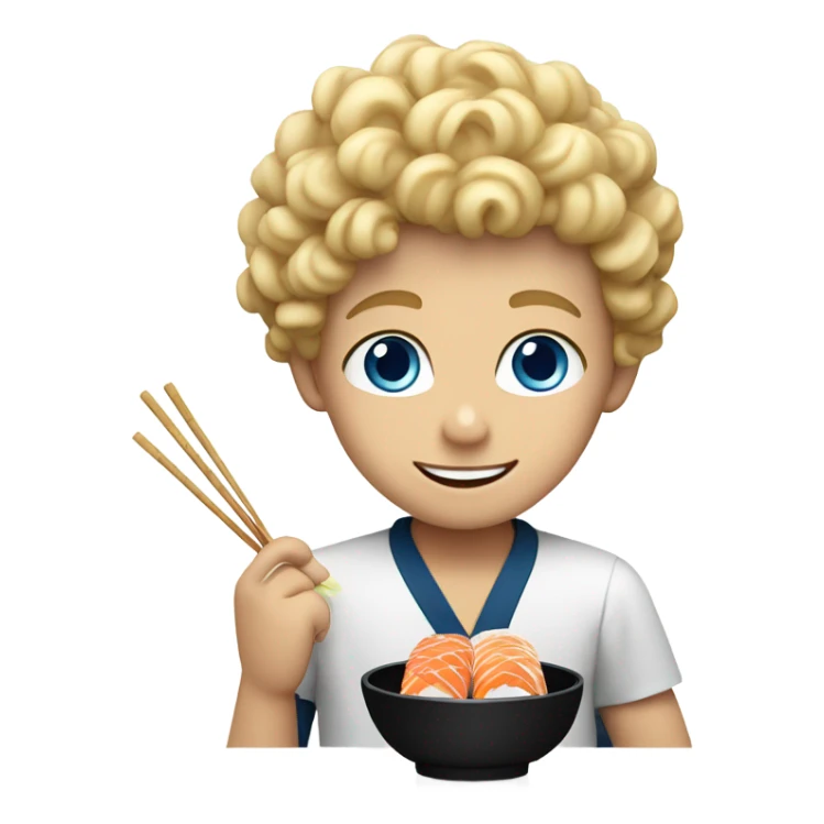 blond boy with curly hair and blue eyes eating sushi sticker