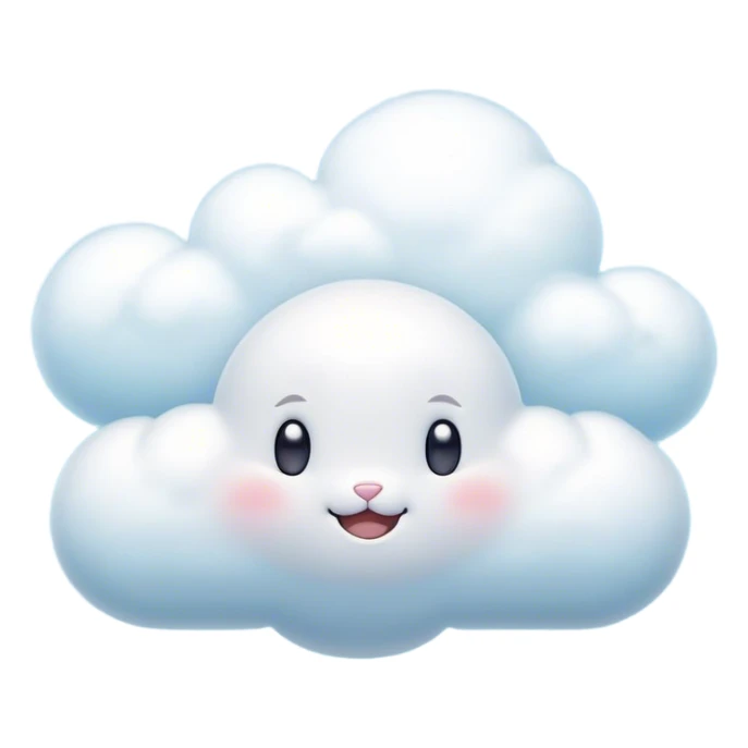 Cinematic tiny puffy bunny-shaped cloud, floating gently in the sky, soft glowing light, tiny rounded ears, smiling face, dreamy and magical. sticker