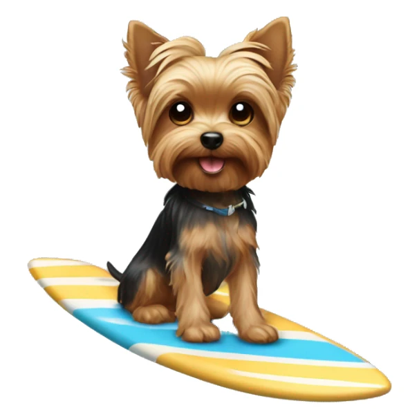 A Yorkie dog riding a surf board holding a dog bone sticker