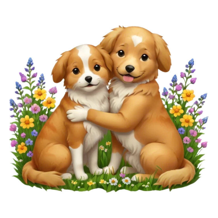 Dog and cat hugging in field of flowers sticker