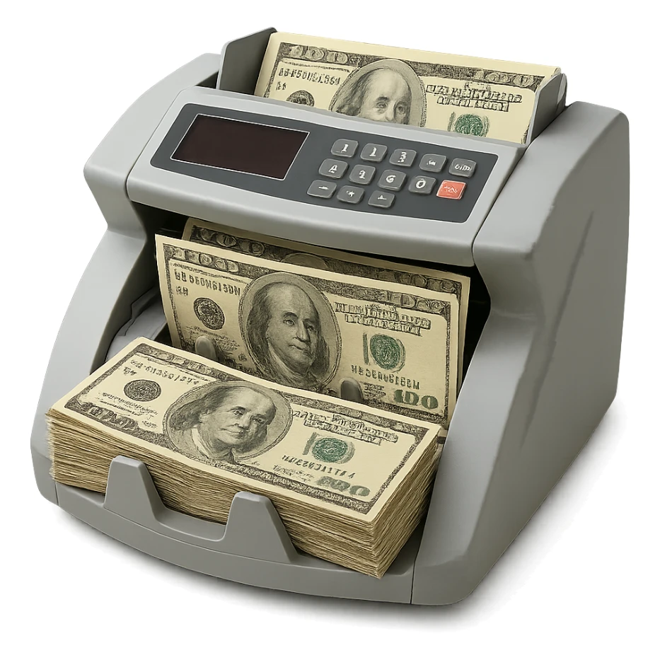 modern banknote counter machine with stacks of US dollars, clear details sticker