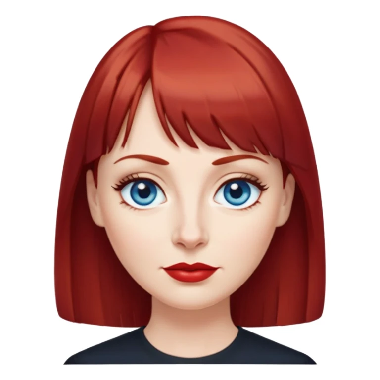 Middle-aged woman with fair skin, wider oval face, blue eyes, thin eyebrows, small nose, red lips, dark red hair with straight bangs, age-appropriate features, wearing a black blouse sticker
