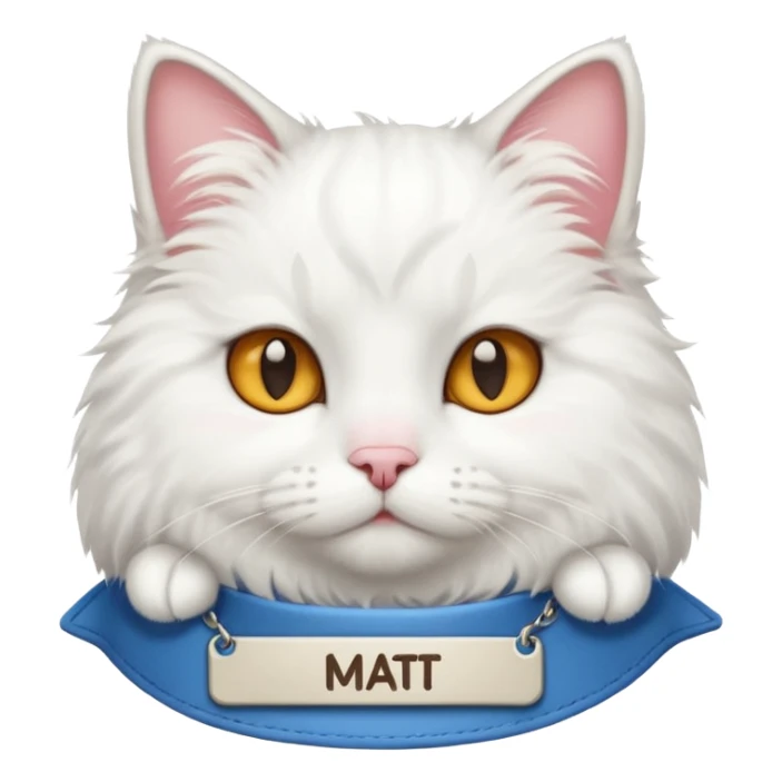 A WHITE CAT with a name tag that says mat sticker