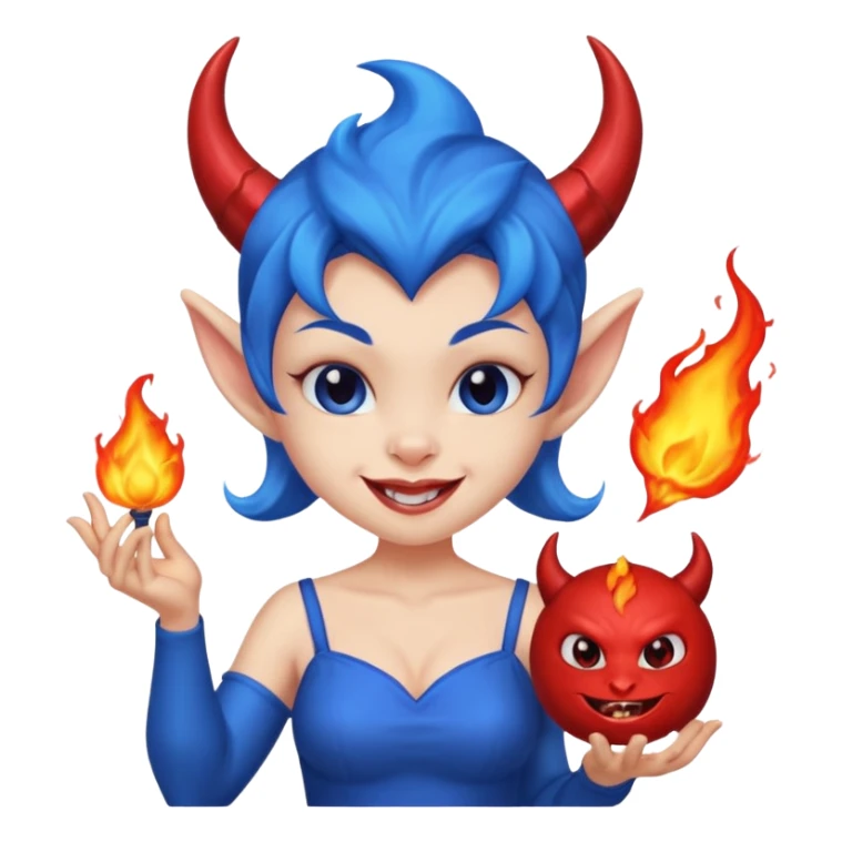 Female devil Cute blue imp holding fireball,  cute face, half body sticker