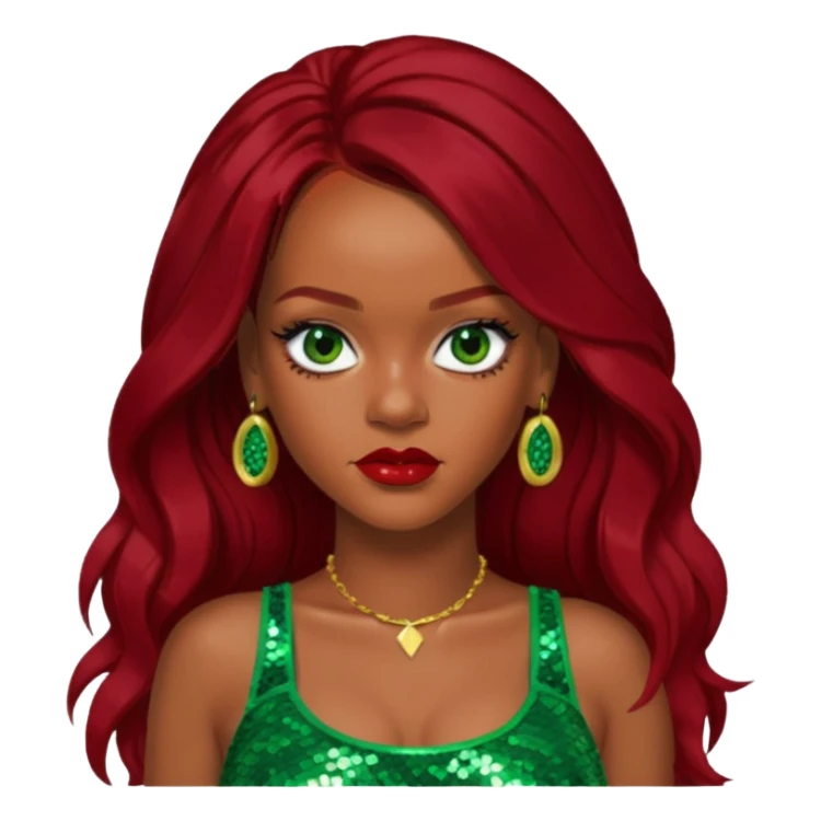 Rihanna with dark red long hair, green sequin crop top, hazel eye sticker