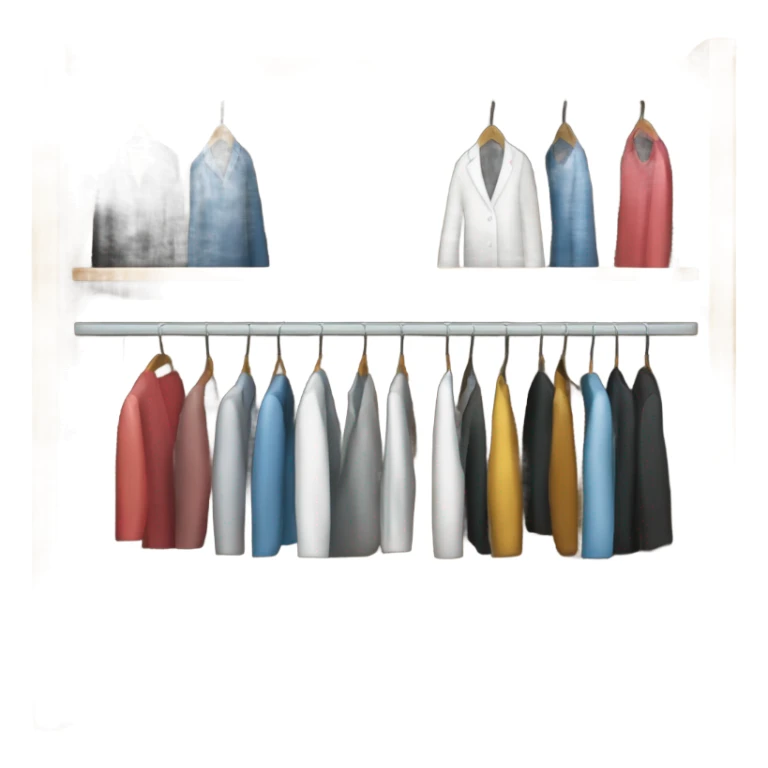 Design an emoji-style icon of an open wardrobe with clothes hanging inside. Include details like a wooden frame, hangers, and only black or white different clothing items such as shirts or any other clothing . Use a clean and minimalistic design. sticker