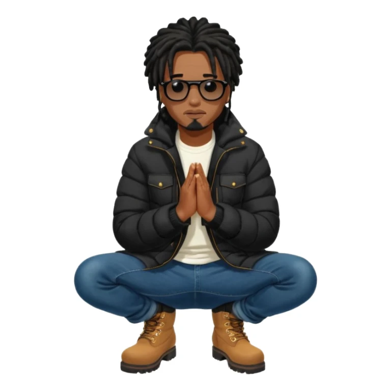 African American man brown skin complexion with black dreadlocks shoulder length wearing black bubble winter coat wearing black sunglasses with denim skinny jeans and timberland boots kneeling on one knee in prayer sticker